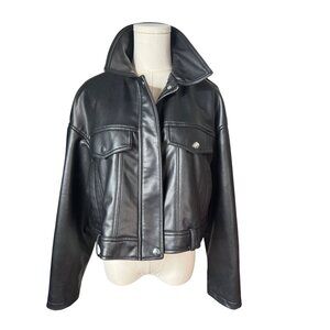 ZARA Black Faux Leather Large Jacket Zipper & Button Details